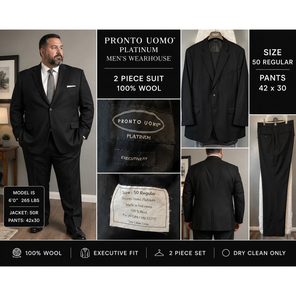Pronto Uomo Platinum Men’s Wearhouse 100% Wool Black Suit 50R 42x30
